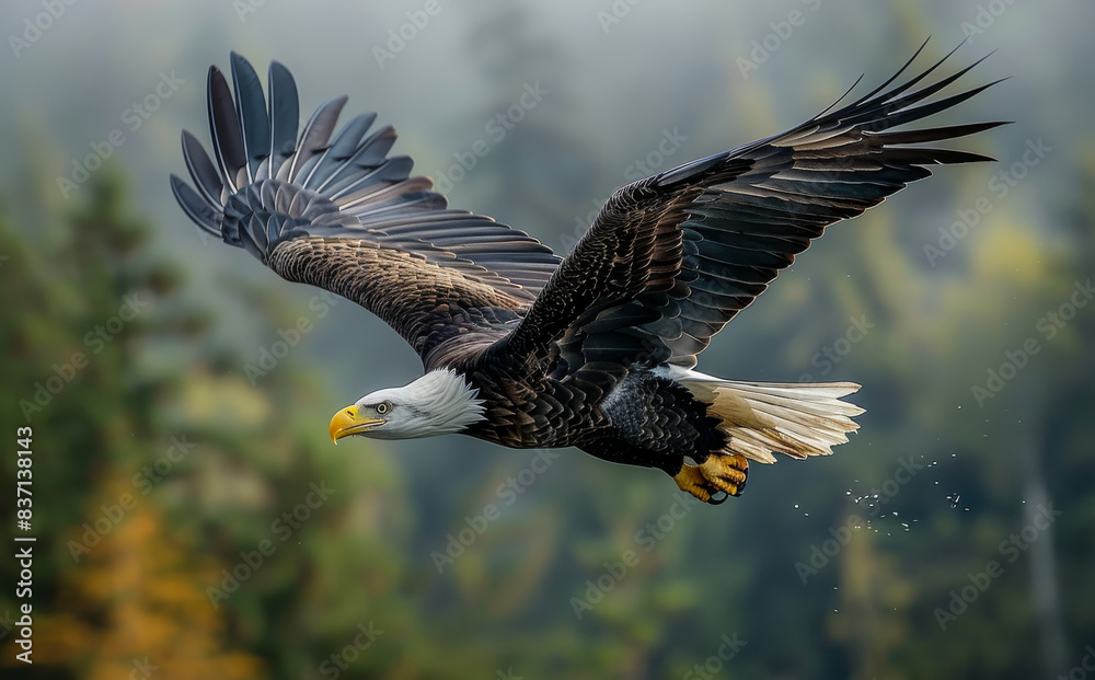 Obraz premium Bald Eagle flying low over forest