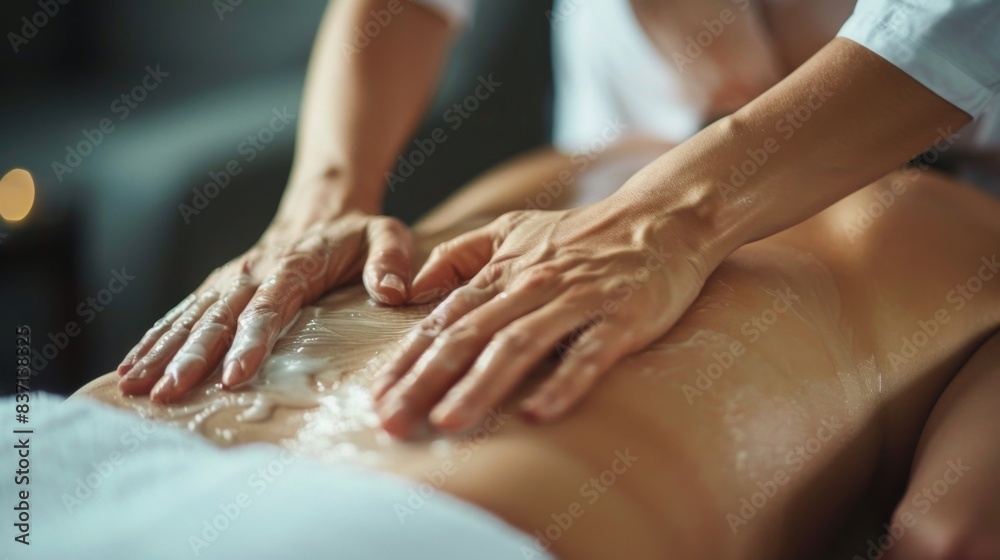 Close-up of a therapist's hands using effleurage strokes on a woman's back Close-up of a therapist's hands using effleurage strokes on a woman's back