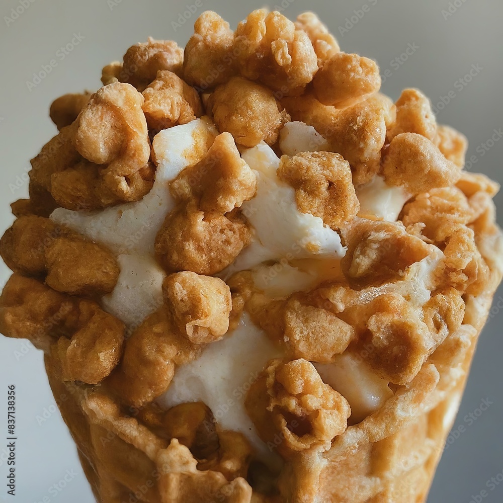 A dessert in a waffle cone with a crunchy topping A dessert in a waffle cone with a crunchy topping