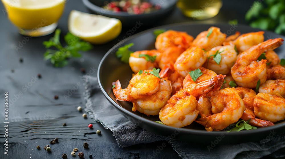 Spicy Grilled Shrimp Plate with Lemon and Herbs on Dark Background Spicy Grilled Shrimp Plate with Lemon and Herbs on Dark Background