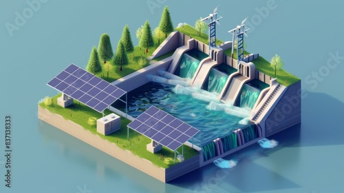 An isometric renewable energy ecosystem anchored by a hydroelectricity dam with solar panels and wind turbines.
