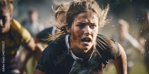 A woman is running with her hair in her face and her shirt is dirty. She is in a rugby game photo