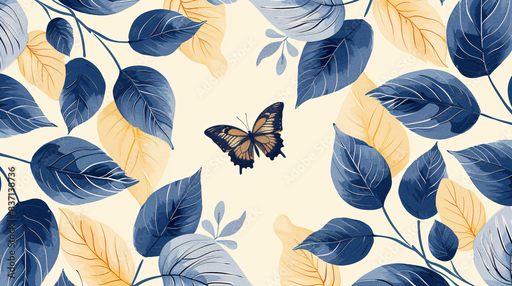Obraz premium Seamless pattern of linear leaves and sketch flowers for wrapping paper