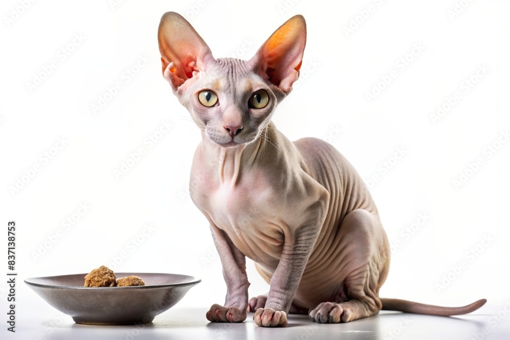 Sphynx Cat Sitting Next to a Bowl of Cat Food on a White Background - Hairless Cat with Large Ears and Wrinkled Skin - Studio Shot of a Unique and Elegant Pet