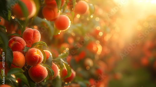 Golden Hour Splendor on a Lush Peach Orchard with Dew-Kissed Fruit