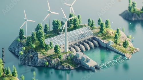 Each isometric square perfects renewable energy with a dam, turbines, and solar panels. photo