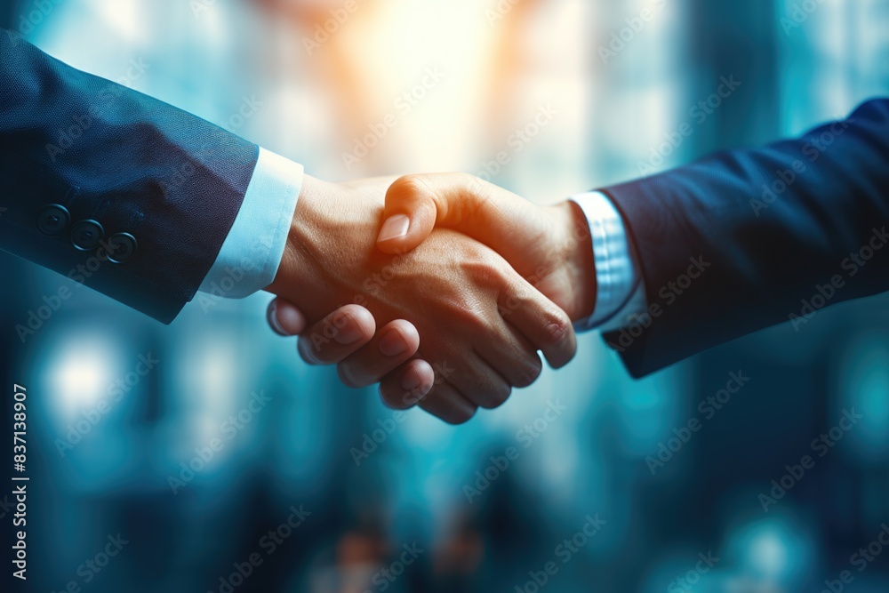 Two men shaking hands in a business setting. Concept of professionalism and trust between the two individuals Two men shaking hands in a business setting. Concept of professionalism and trust between the two individuals