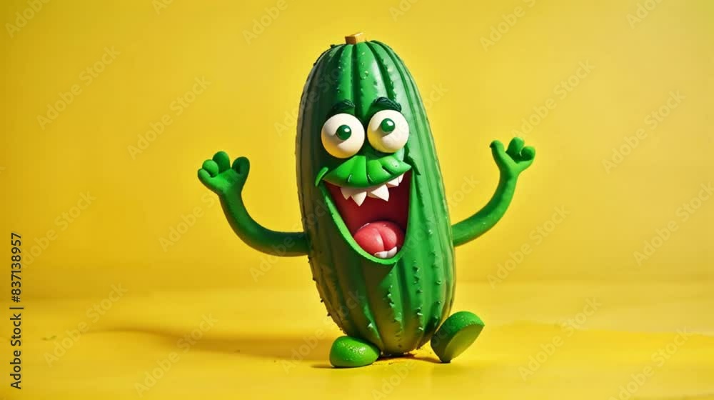 Cheerful, cartoon cucumber on a yellow background