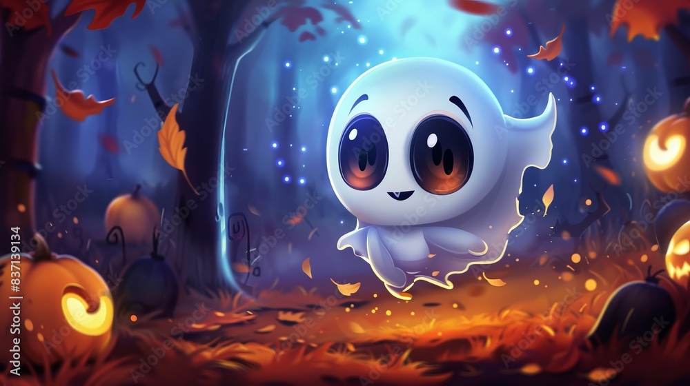 A cute cartoon ghost floats in an enchanted autumn forest A cute cartoon ghost floats in an enchanted autumn forest