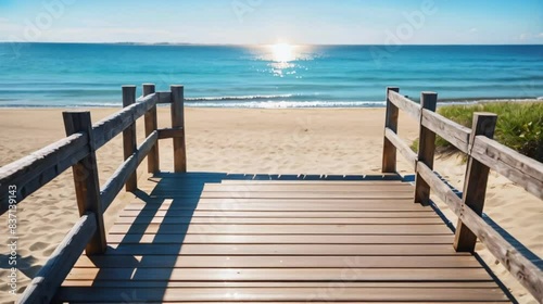 Sea beach early in the morning from a wooden bridge