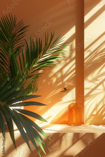 A vase with a plant in it sits on a shelf in front of a wall. The plant is a palm tree and the vase is a glass bottle. The scene is set in a room with a warm  sunny atmosphere