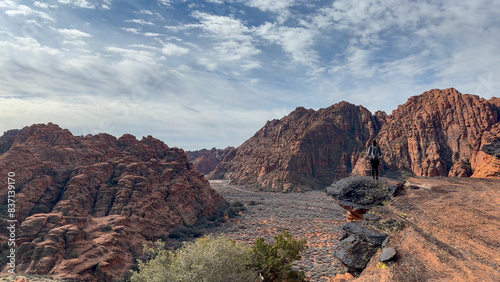 Rear view of a female hiker wearing a backpack, taking in the view stunning red rock desert canyon view from a cliff top - Snow Canyon State Park, St George, Utah, USA