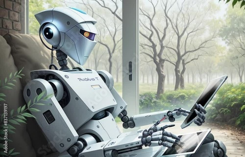 Robot sitting in a chair and working on a tablet at home