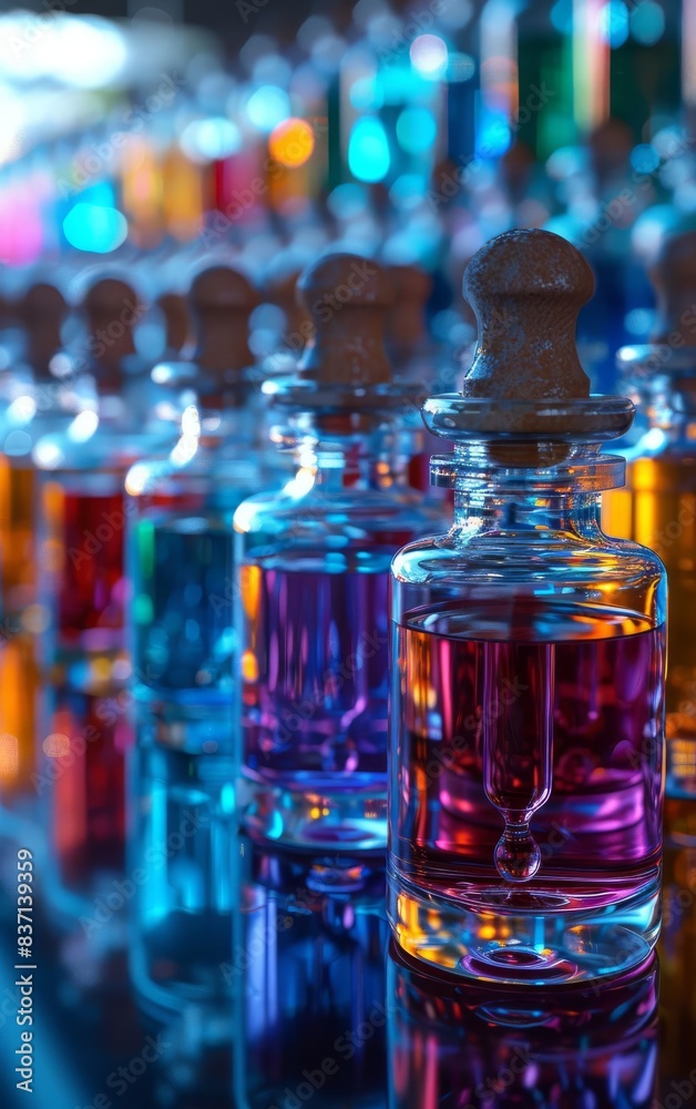 A row of small glass bottles filled with colorful liquids A row of small glass bottles filled with colorful liquids