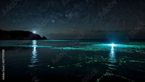 : A mesmerizing scene of bioluminescent plankton lighting up the dark waters under a starry night sky ai_generated