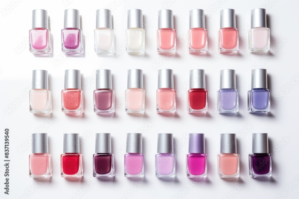 A row of nail polish bottles with a variety of colors. The bottles are lined up in a row, with some bottles being taller than others. Concept of organization and variety A row of nail polish bottles with a variety of colors. The bottles are lined up in a row, with some bottles being taller than others. Concept of organization and variety