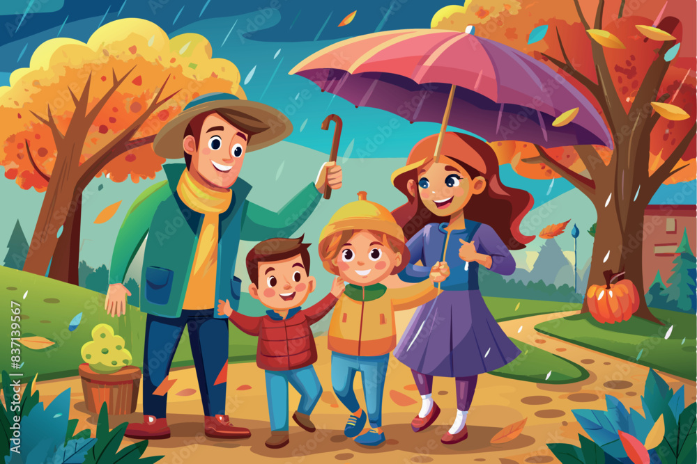 An autumn landscape and a family: two adults and two children. They are walking along a path with an umbrella, surrounded by trees with orange and yellow leaves. It is pouring rain An autumn landscape and a family: two adults and two children. They are walking along a path with an umbrella, surrounded by trees with orange and yellow leaves. It is pouring rain