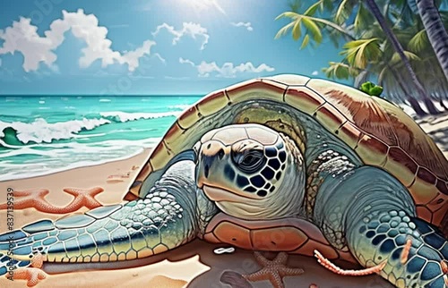 Sea turtle lies on the sand on the beach near the sea