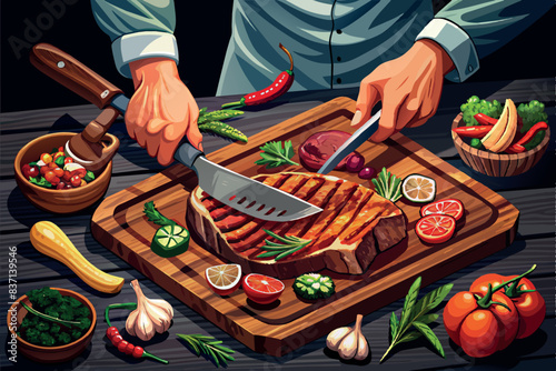 cooking scene. The focus is on a wooden cutting board on which a large grilled steak is being sliced. Around the steak are various ingredients and kitchen utensils: garlic, tomatoes, chili peppers.