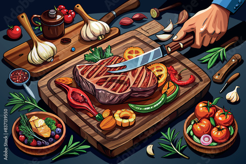 cooking scene. The focus is on a wooden cutting board on which a large grilled steak is being sliced. Around the steak are various ingredients and kitchen utensils: garlic, tomatoes, chili peppers.