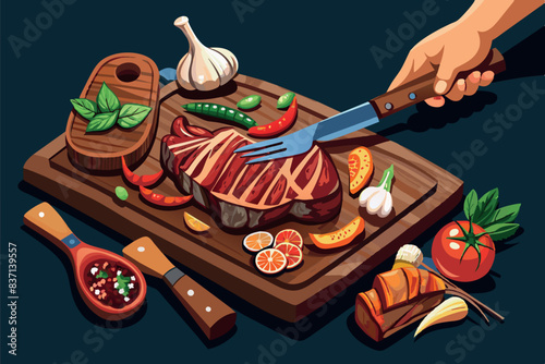 cooking scene. The focus is on a wooden cutting board on which a large grilled steak is being sliced. Around the steak are various ingredients and kitchen utensils: garlic, tomatoes, chili peppers.