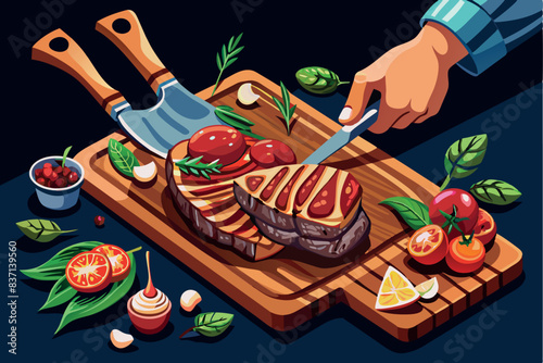 cooking scene. The focus is on a wooden cutting board on which a large grilled steak is being sliced. Around the steak are various ingredients and kitchen utensils: garlic, tomatoes, chili peppers.