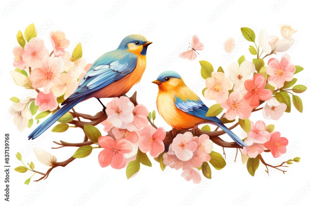 Two birds are perched on a branch of a tree with pink flowers. A butterfly is flying nearby. Concept of peace and tranquility, as the birds and butterfly seem to be enjoying the beauty of nature Two birds are perched on a branch of a tree with pink flowers. A butterfly is flying nearby. Concept of peace and tranquility, as the birds and butterfly seem to be enjoying the beauty of nature