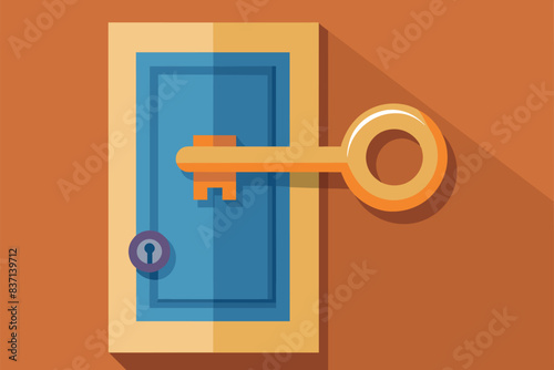 A stylized and decorated door lock mechanism. It shows a prominent key hole and an intricate handle set against a wooden door with decorative patterns.