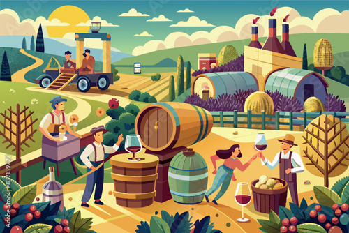 the process of wine production in a picturesque setting. There are hills with vineyards, a wine press, fermentation tanks and barrels. Farmers are busy harvesting