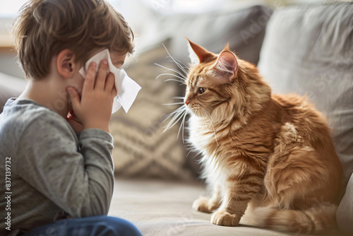 Child crying with red, itchy eyes and runny nose after petting a cat, sitting on couch with kleenex photo