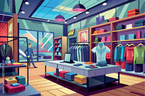 The picture shows the interior of a clothing store. Inside you can see shelves with neatly folded clothes, outfits hanging on hangers, a mannequin dressed in a suit
