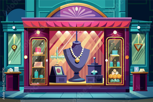 Interior of a jewelry store. A large display window can be seen in the center, displaying an exquisite necklace against a background of signature purple décor.