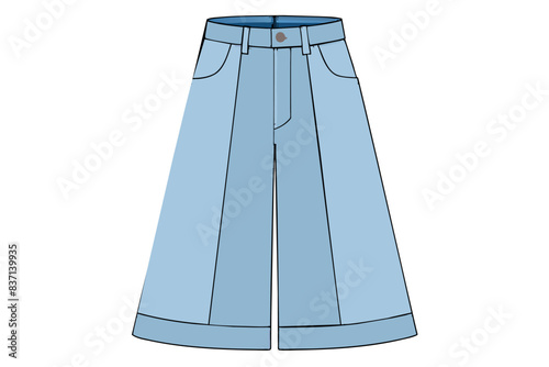 The image shows light blue wide leg high waisted pants. They have belt loops, a front zipper with one button at the top, and stitching pleats on each leg.