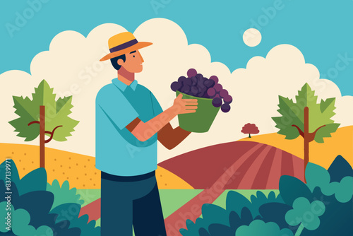  The image shows a man in a vineyard holding a wooden basket filled with grapes. The winemaking process