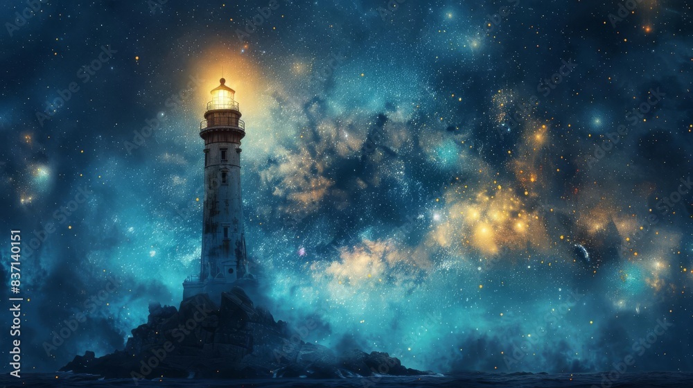 A solitary lighthouse stands tall against a breathtaking night sky filled with twinkling stars and a nebula. A solitary lighthouse stands tall against a breathtaking night sky filled with twinkling stars and a nebula.