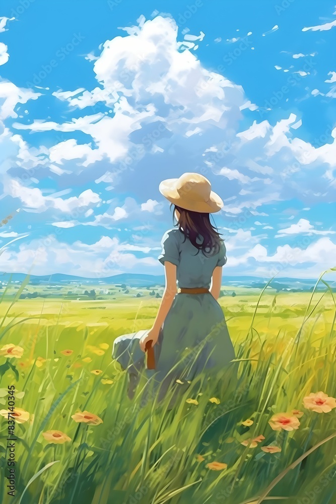 Fototapeta premium Anime Girl with a straw-hat