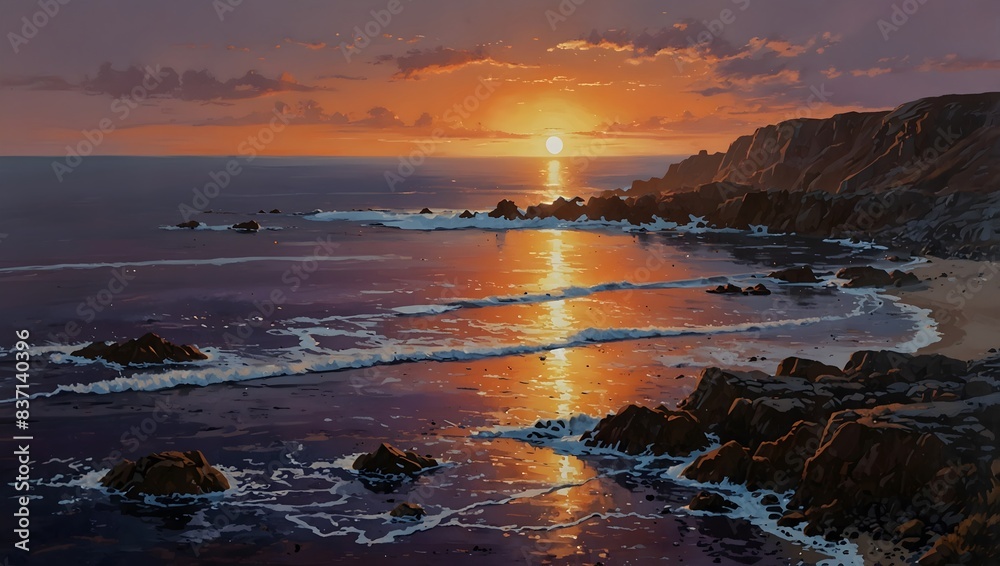 Obraz premium A painting of a rocky coastline at sunset, with the last rays of sunlight painting the sea in hues of orange and purple ai_generated