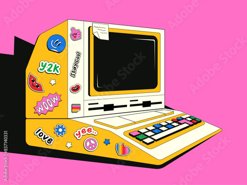 Retro computer in trendy y2k style. Nostalgia for the 2000s, 90s. Colorful vector illustration of a teenage computer covered with stickers.