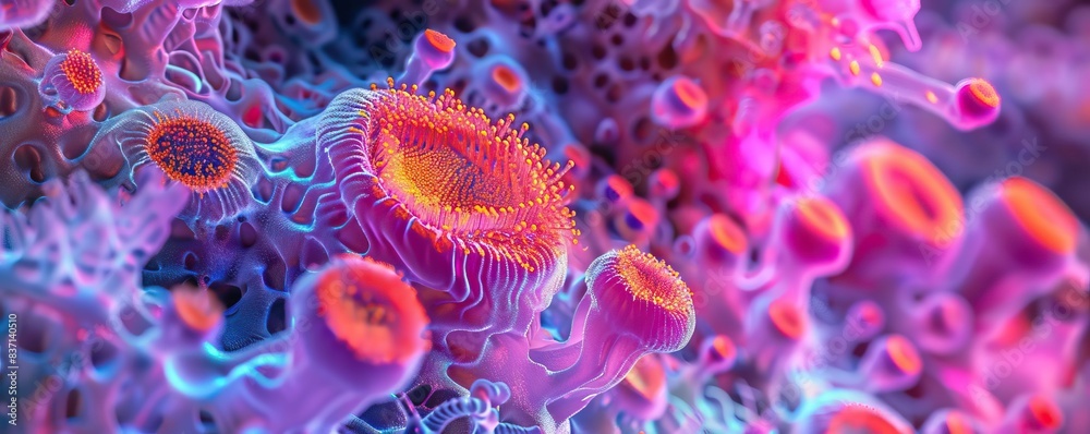 A vibrant neonlit micrograph of intestinal cells, illustrating the detailed cellular structure within a macro medical context, emphasizing advanced biological studies