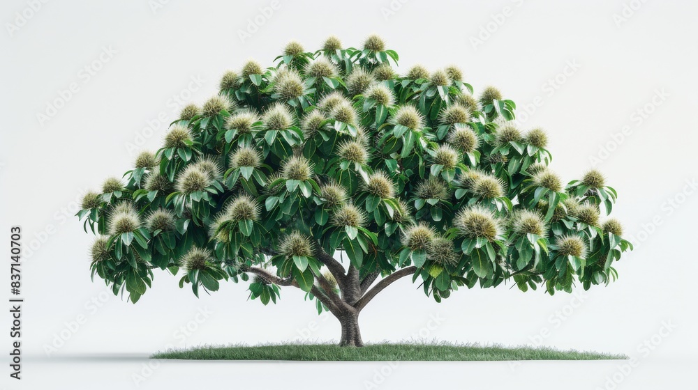 Fototapeta premium a chestnut tree, isolated on a white background, showcasing its spiky fruit