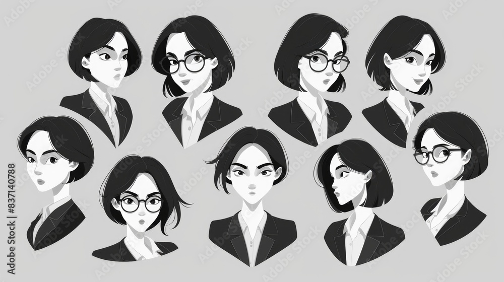 A series of drawings of women in business attire. The drawings are all different, but they all have the same basic features, such as glasses and a suit. Scene is professional and serious