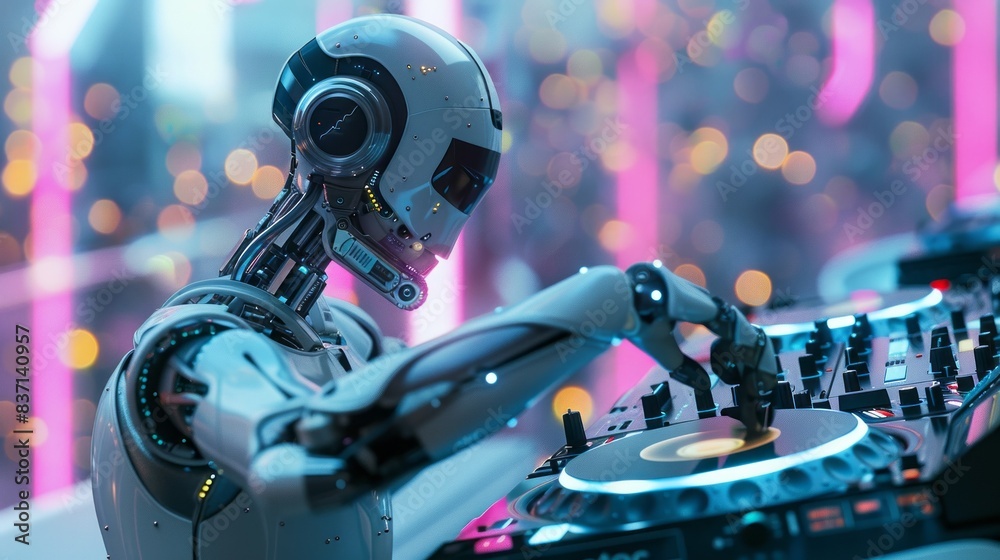 Fototapeta premium Robotic DJ playing techno music creative background