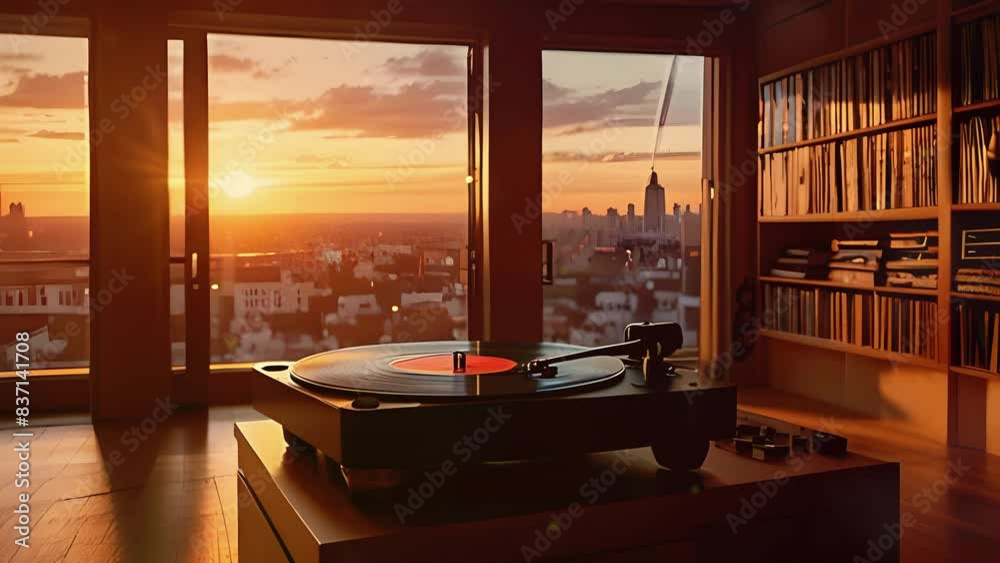 A room vinyl records and a turntable. sunset, stream starting soon ...