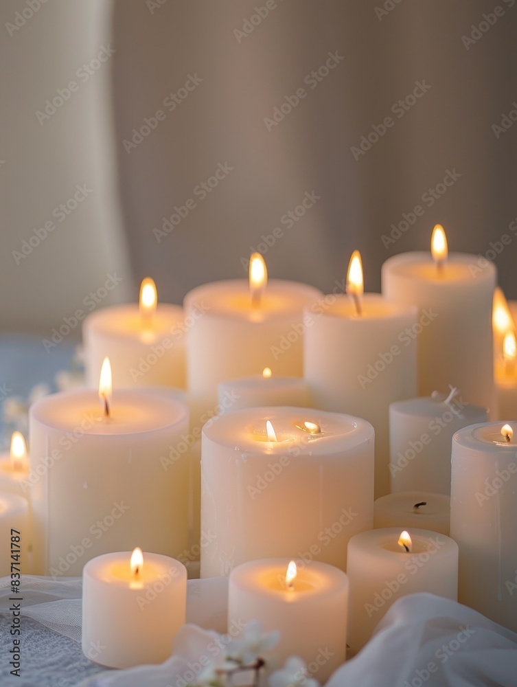 Glowing white candles in beautiful, ornate holders for a peaceful setting. Glowing white candles in beautiful, ornate holders for a peaceful setting.