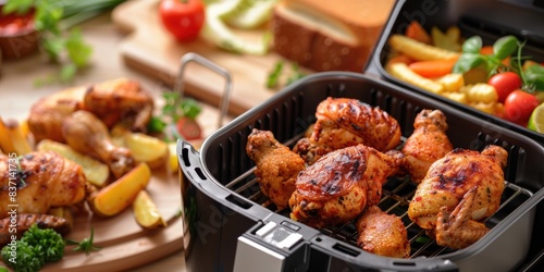 A black grill with chicken and vegetables on it