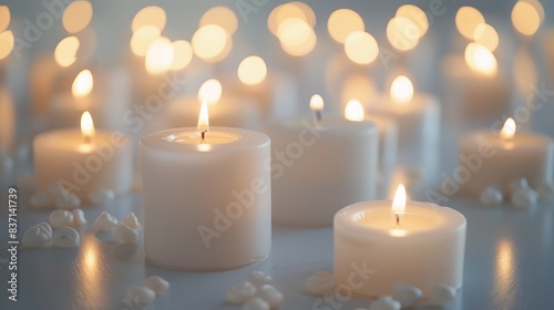 Peaceful and elegant setting with ornate white candles.