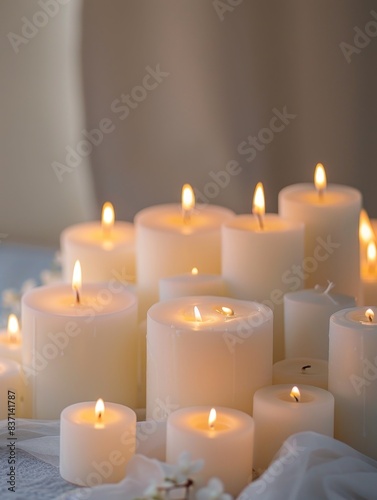 Glowing white candles in beautiful  ornate holders for a peaceful setting.