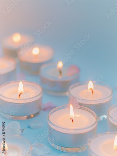 Elegant white candle arrangement with intricate holders and warm light.