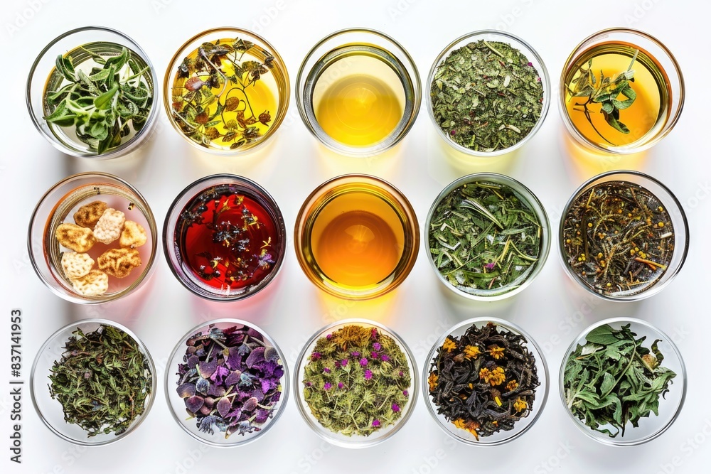A row of small bowls filled with various herbs and spices. The bowls are arranged in a line, with some containing more herbs than others. Scene is one of abundance and variety A row of small bowls filled with various herbs and spices. The bowls are arranged in a line, with some containing more herbs than others. Scene is one of abundance and variety