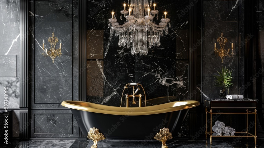 A luxurious black and gold bathroom with a freestanding tub, a crystal chandelier, and opulent decor. The design is dramatic and elegant. --ar 16:9 --style raw 